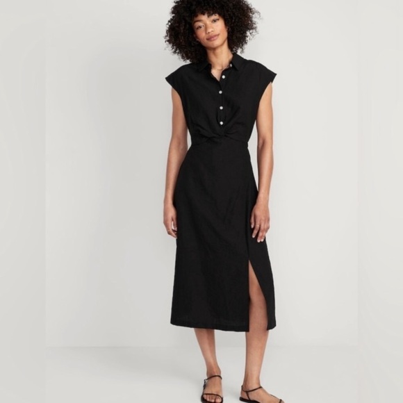 NWOT! Black Waist-Defined Twist-Front Midi Shirt Dress - Multiple Sizes - Picture 1 of 6
